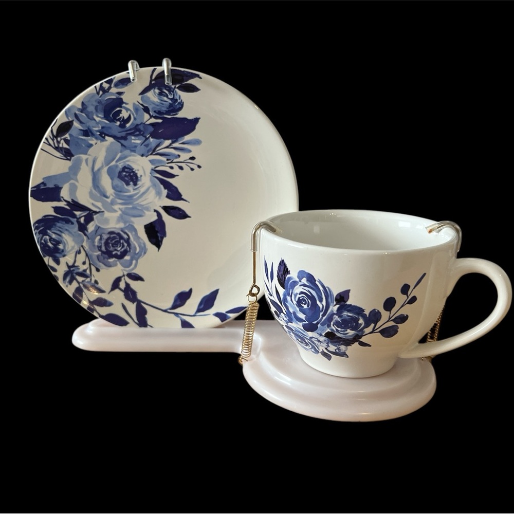 Vintage teleflora Floral Blue and White Cup and Saucer Set
